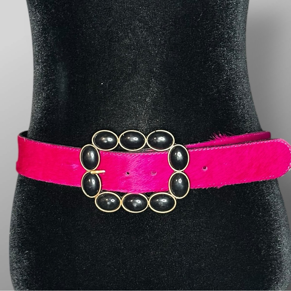 Vintage Topaz Italy Pink Fur Leather Belt Gold Buckle Cabochon Statement